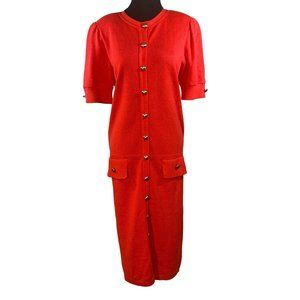 Vintage Schrader Knits Size 12 Red Sweater Dress Gold Buttons